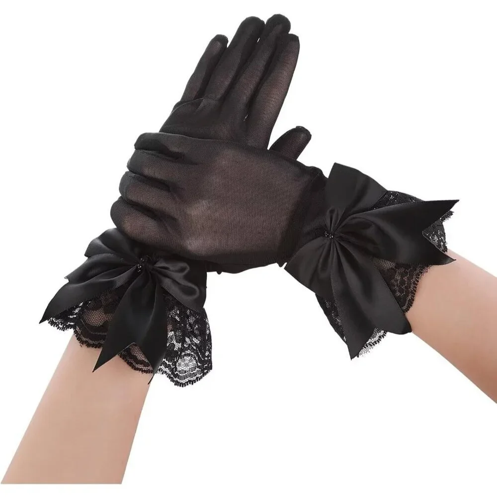 Women's Embellished Satin Black Pearl Bow Gloves Elegant Finger Accessory